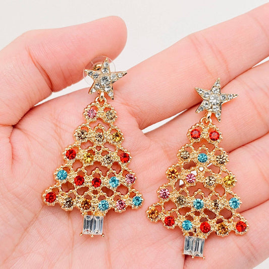 Christmas Tree Colorful Rhinestone Stars Post Earrings