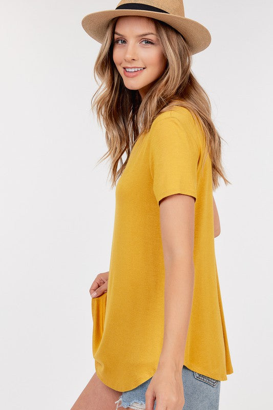 V neck Short Sleeve Tee with Rounded Hem