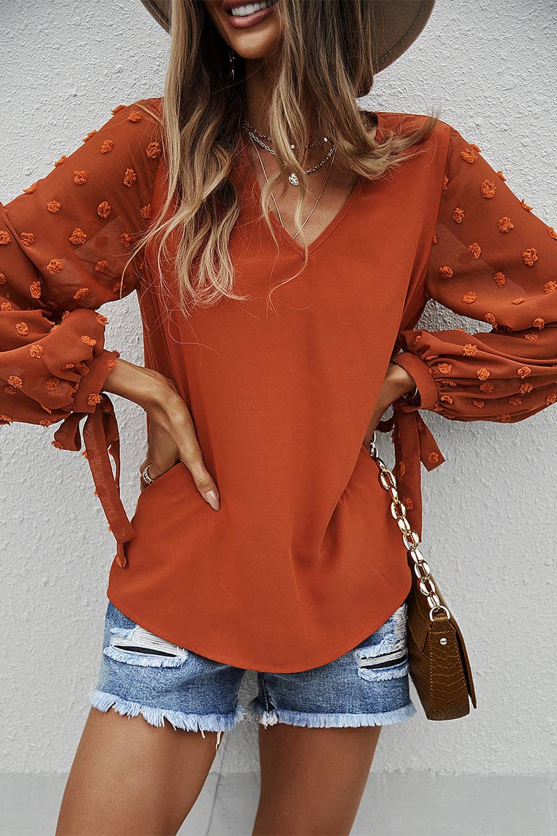 V Neck Long Sleeve Swiss Dot Top