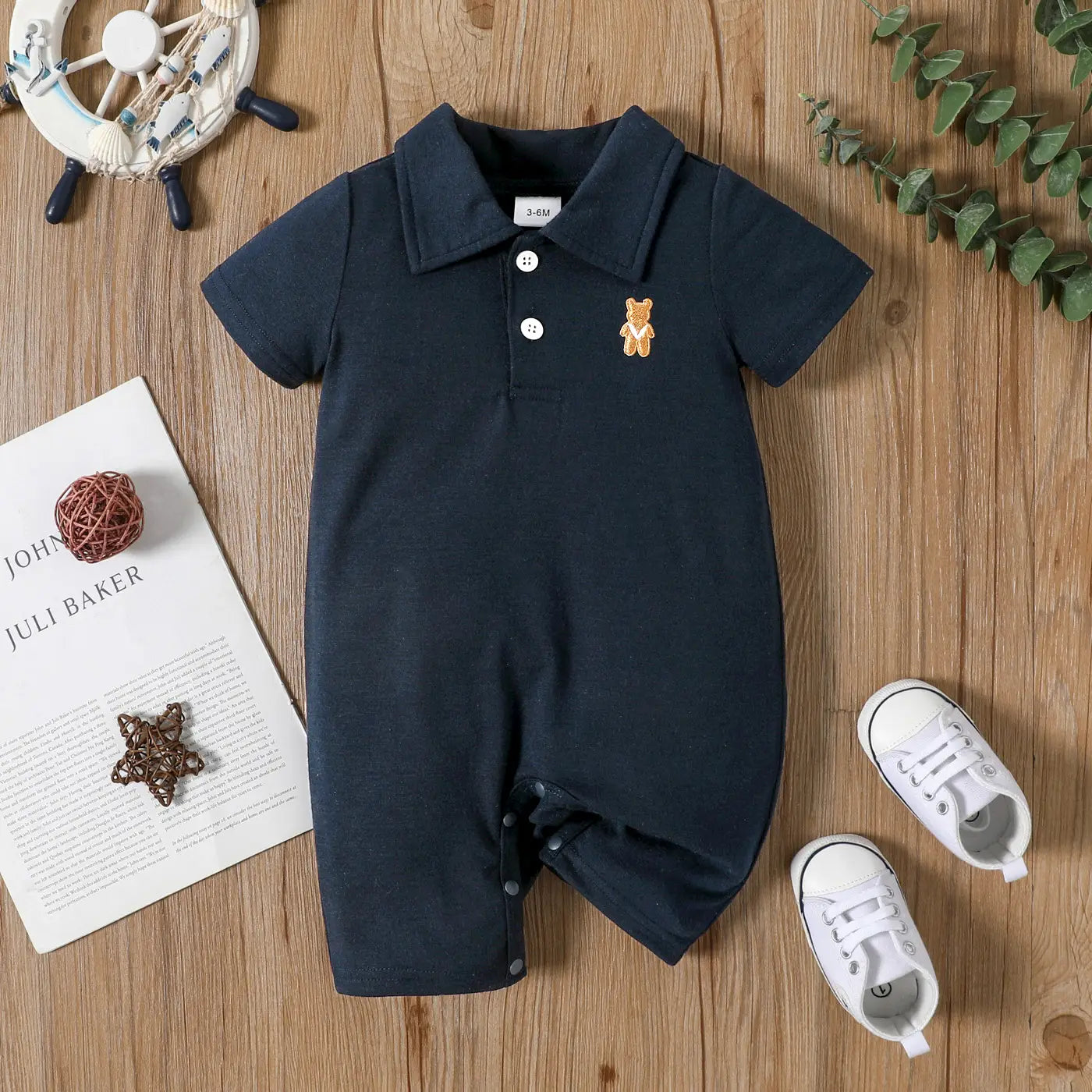 Navy Boys Bear Polo Collar Button Up Short Sleeve Jumpsuit