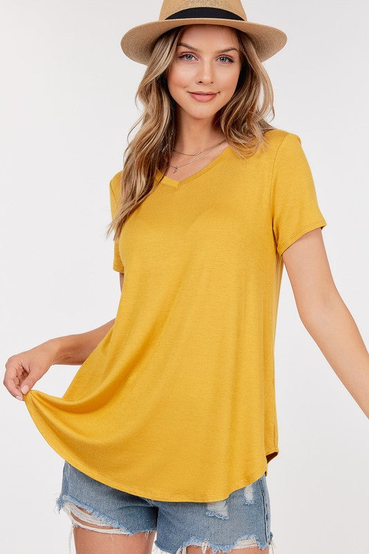 V neck Short Sleeve Tee with Rounded Hem