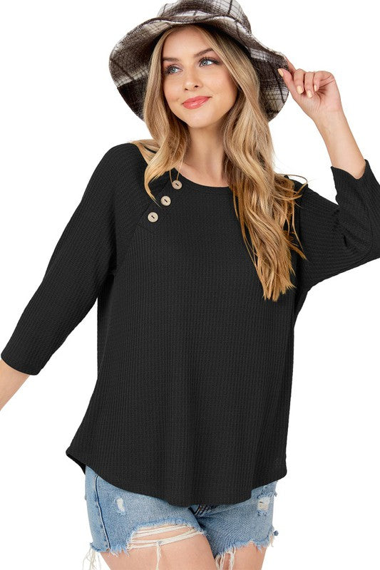 Black 3/4 Sleeve Top with Shoulder Buttons