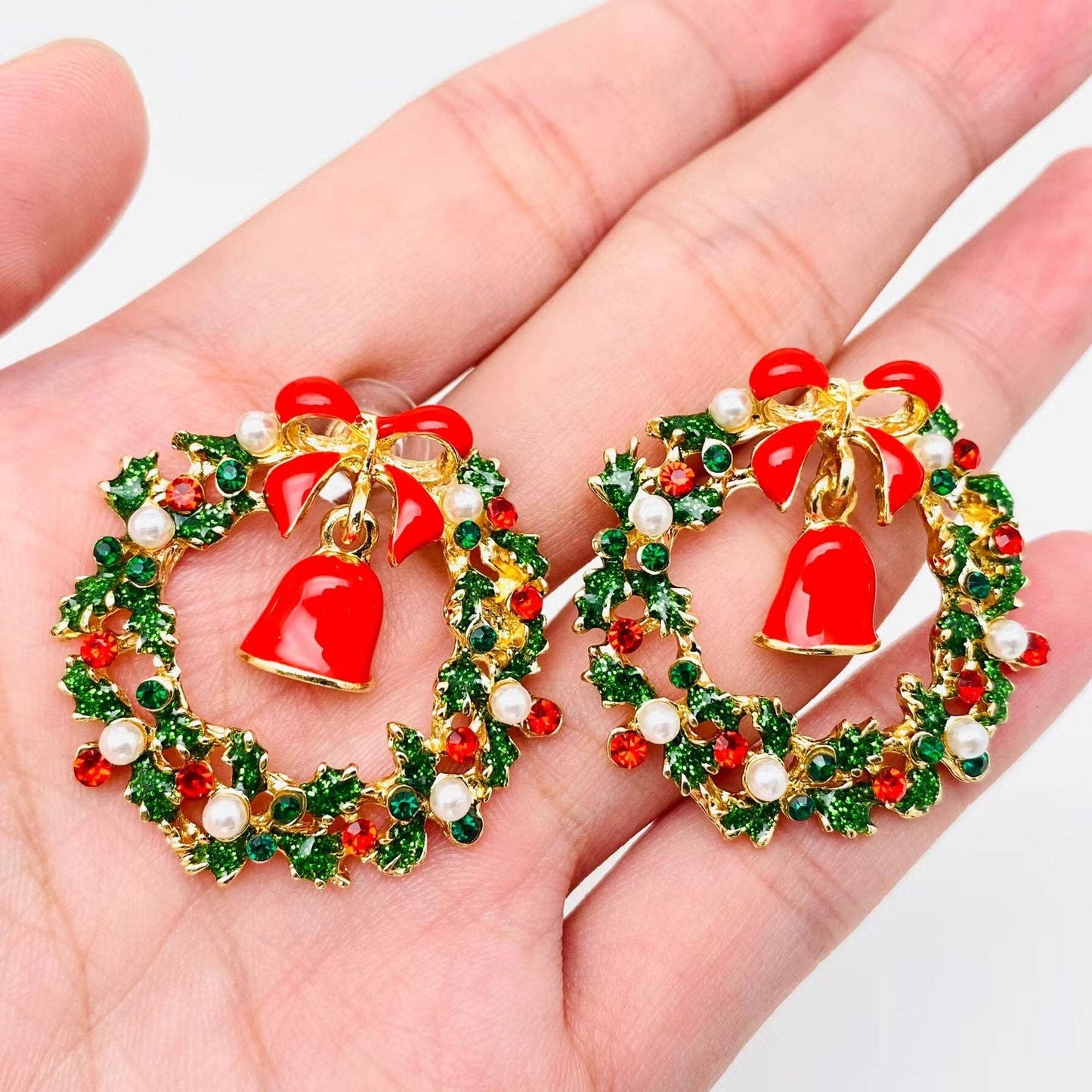 Christmas Rhinestone Wreath Bow Bell Post Earrings