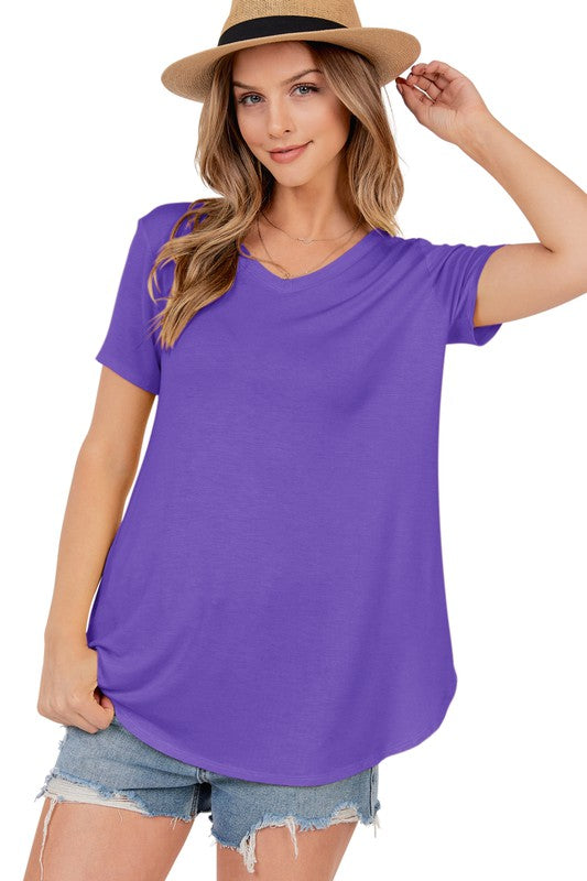 V neck Short Sleeve Tee with Rounded Hem